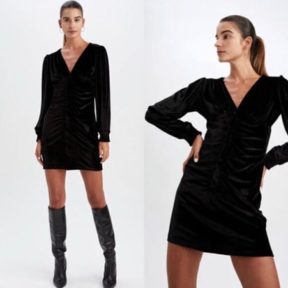 Paige Regular Mini Black Dress V-Neck Balloon Long Sleeves Size S - Picture 1 of 11